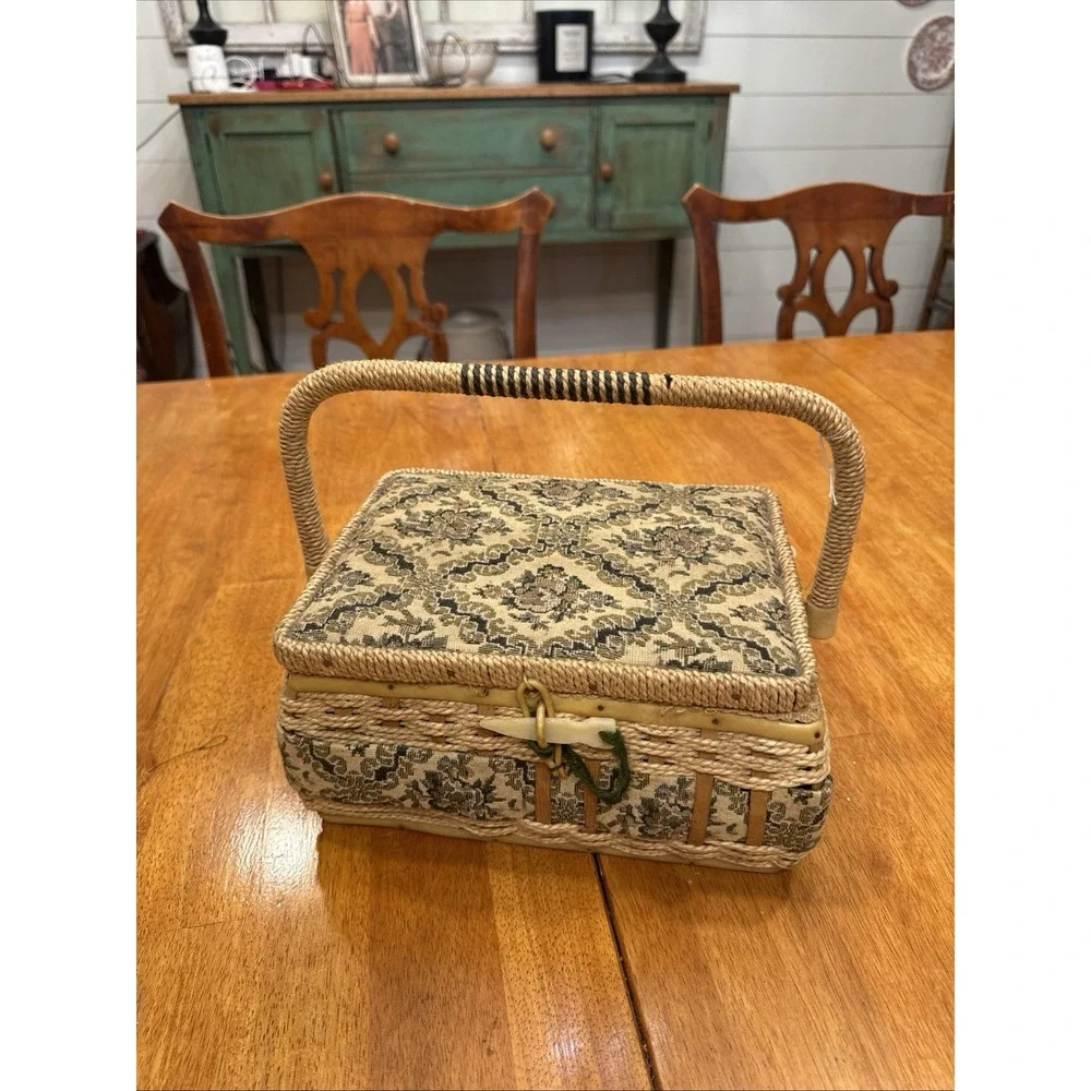 Vintage Woven handled Penny's Sewing Basket Lined In Satin